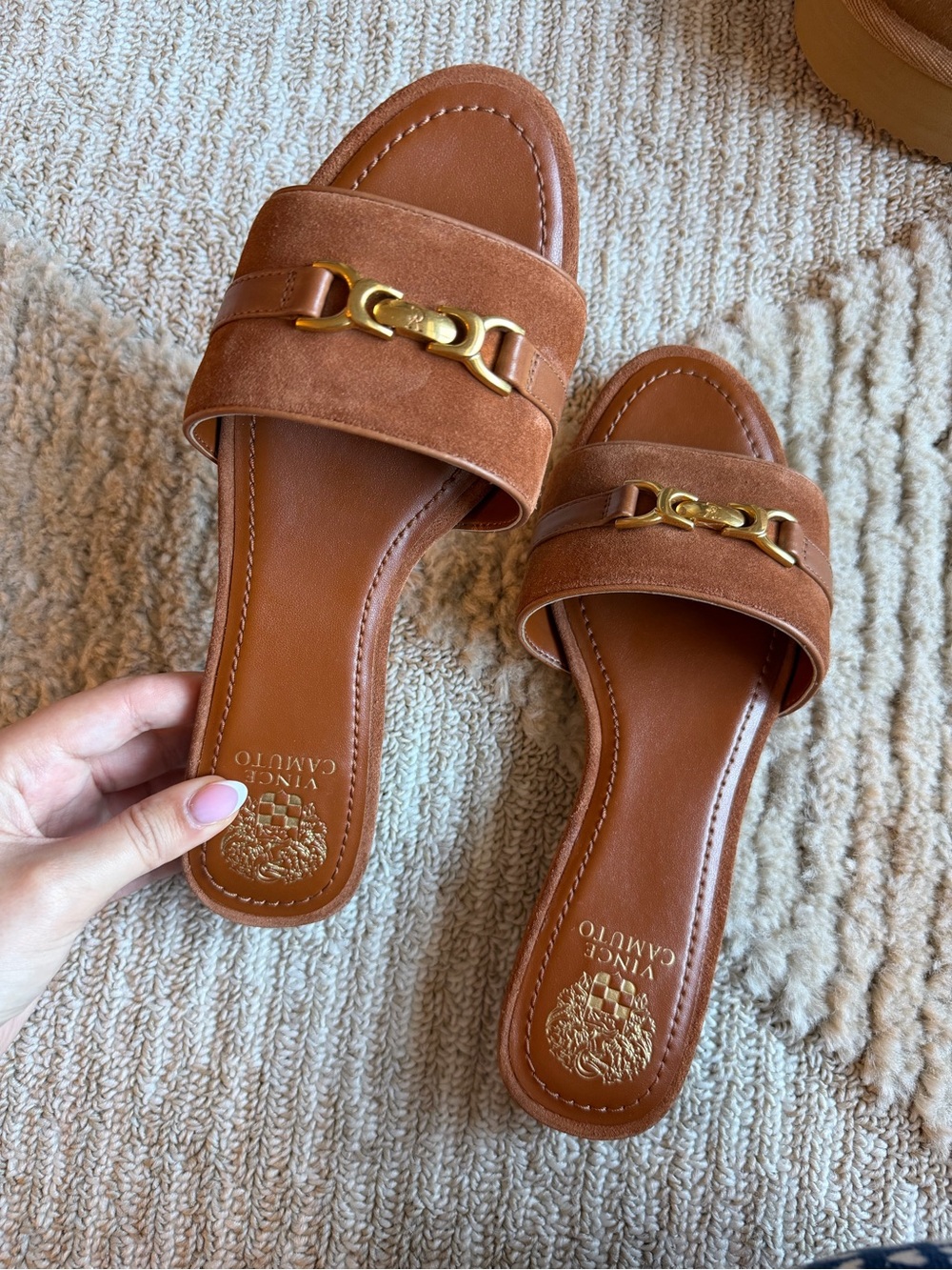 Vince Camuto Tan Suede Slide Mules with Gold Chain Accent - Picture 3 of 3